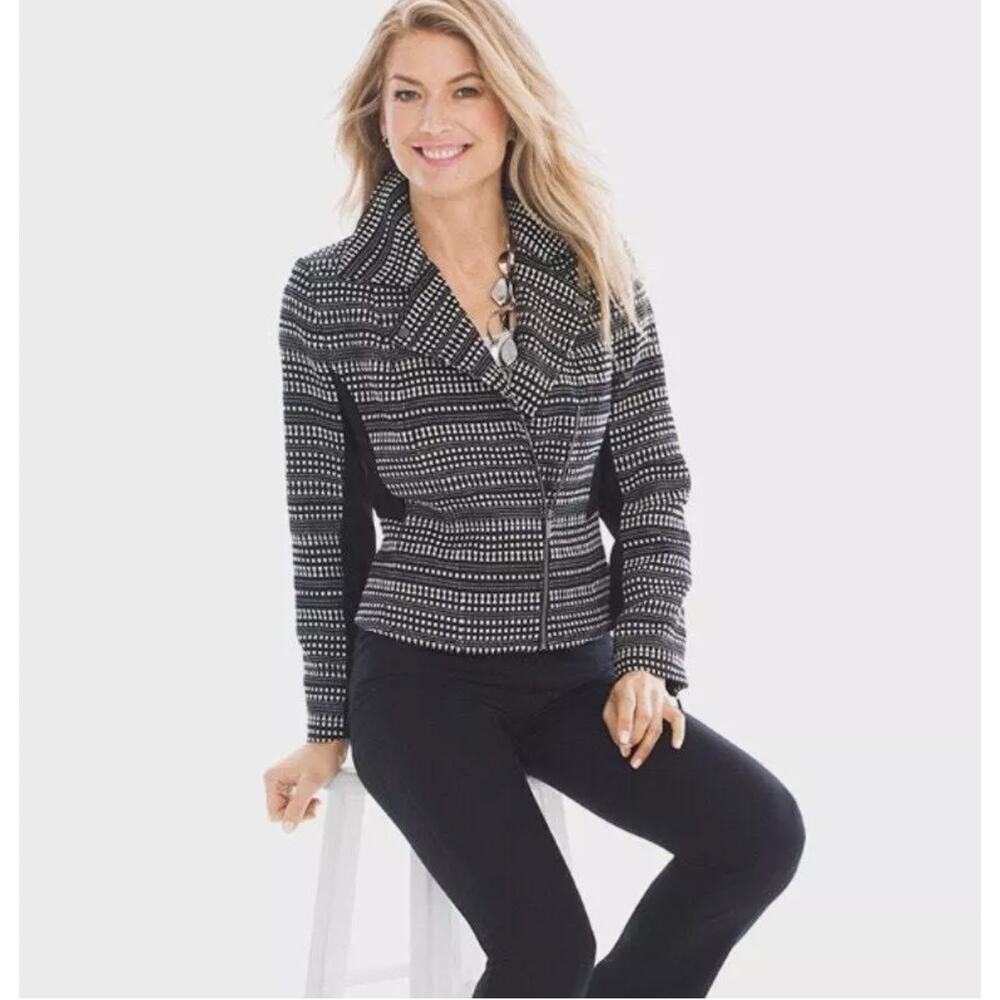 CHICO'S  Black & White Stripe Textured Moto Zip Up Jacket // 0 - Picture 3 of 10